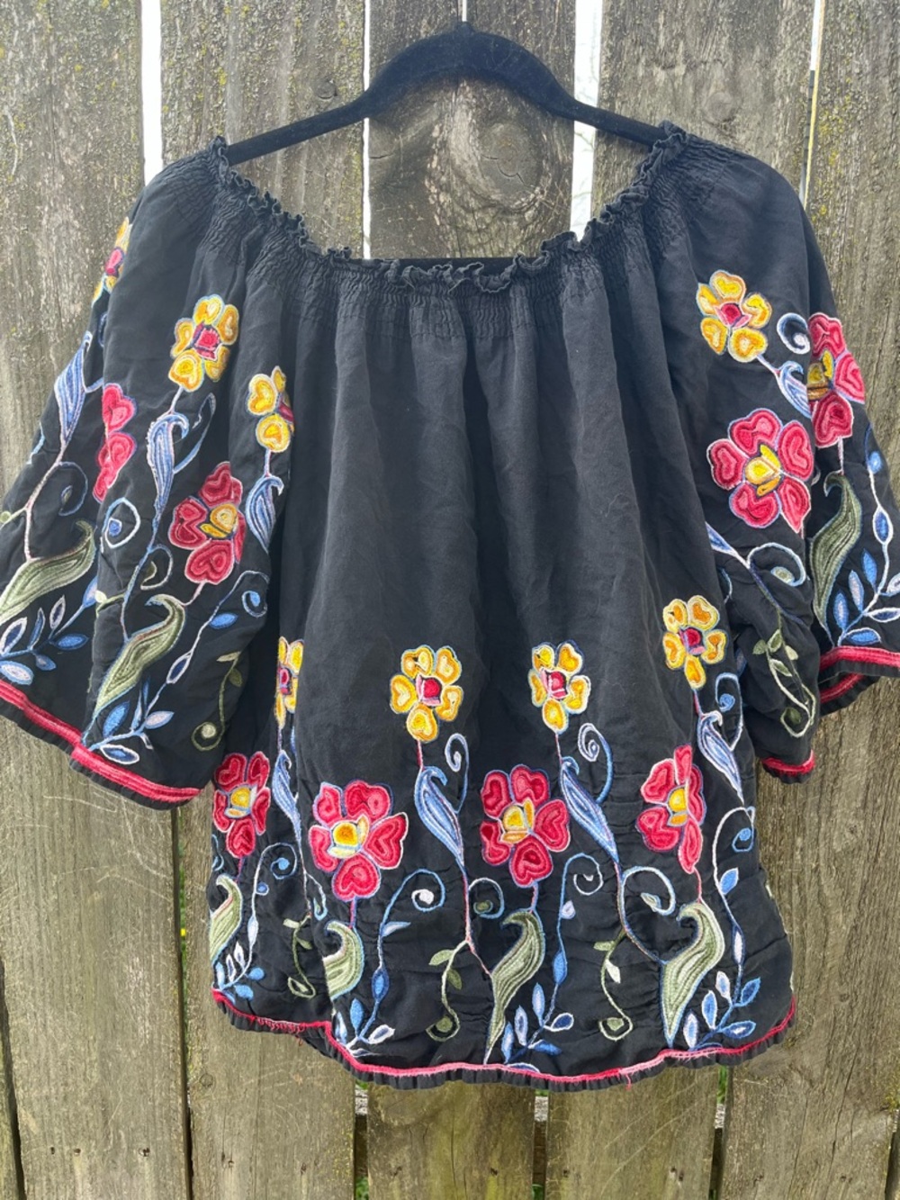 Radzoli Black Embroidered Off-Shoulder Floral Blouse